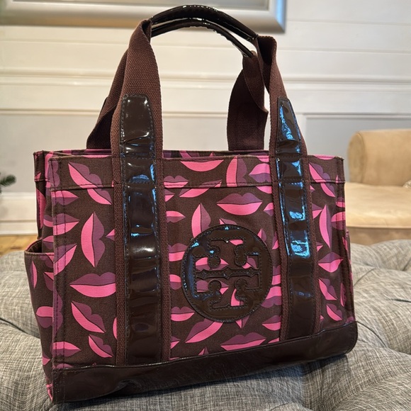 Tory Burch Bag Ella Lips Patent Leather & Canvas Logo Small Tote Bag RARE - Picture 4 of 17